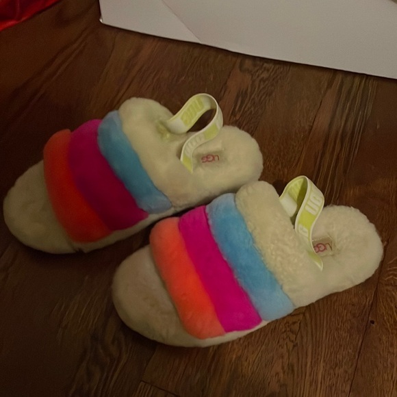 ugg fluff yeah neon rainbow slippers